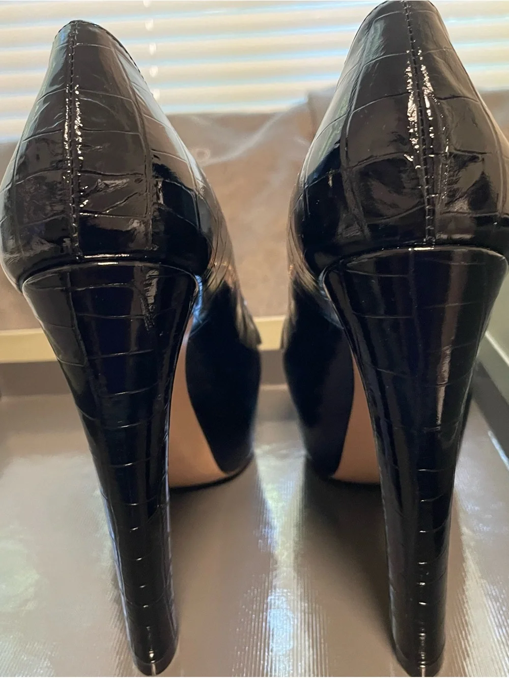 Tom Ford Black Patent Croc-Embossed Platform Heels with Gold Chain Detail
